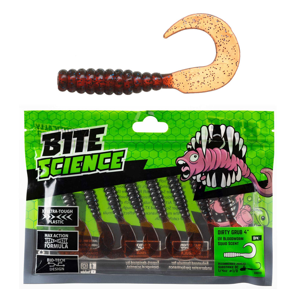 Bite Science Dirty Grub Lures 4" UV Bloodworm - 8pk