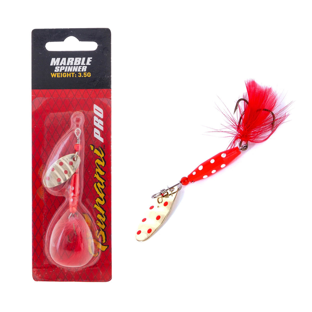 Tsunami Marble Spinner 3.5gm - red white dot, gold/red , red feath Lure