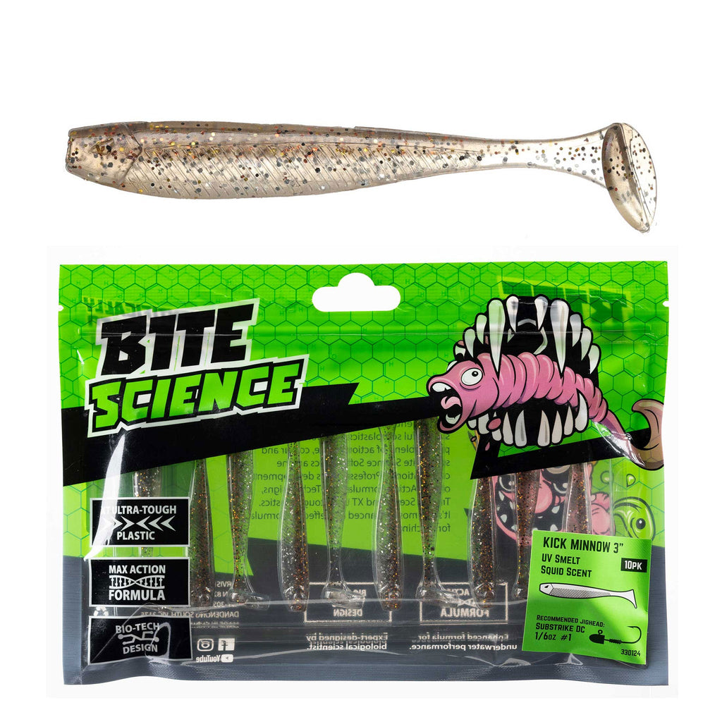 Bite Science Kick Minnow Lures 3" UV Smelt - 10pk