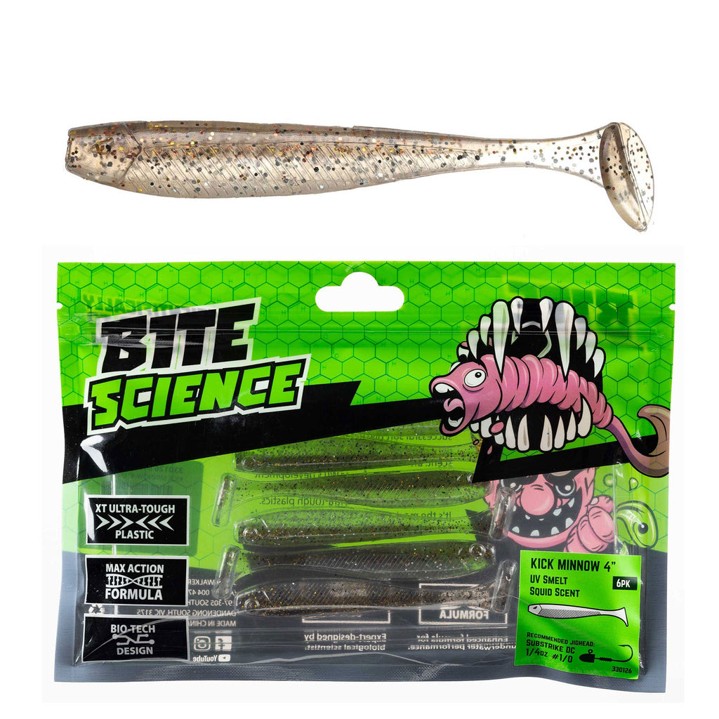 Bite Science Kick Minnow Lures 4" UV Smelt - 6pk