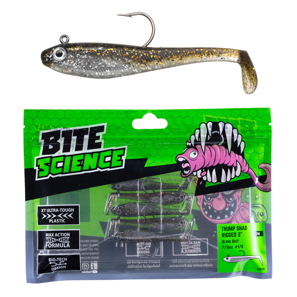 Bite Science Thump Shad Rigged Lures 3" Bling Bait - 5pk