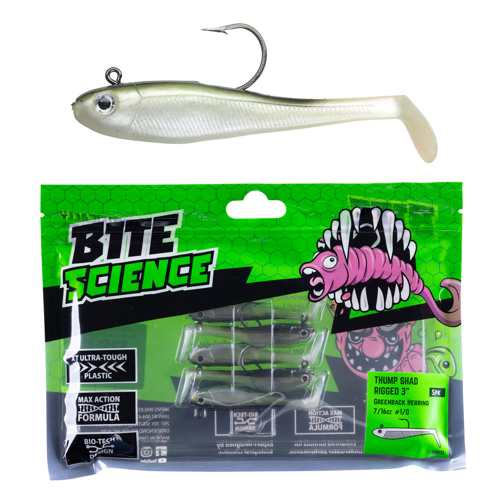 Bite Science Thump Shad Rigged Lures 3" Greenback Herring - 5pk