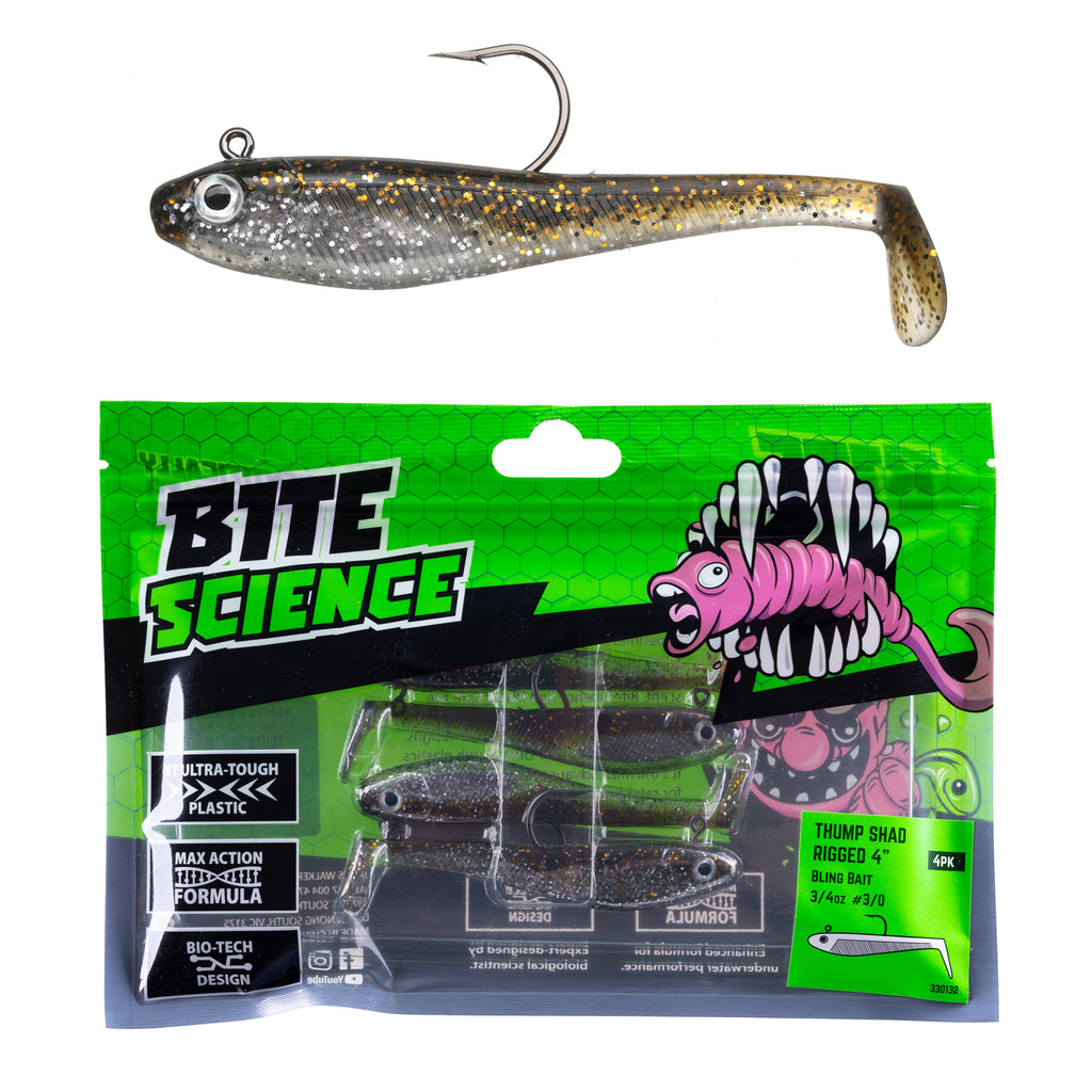 Bite Science Thump Shad Rigged Lures 4" Bling Bait - 4pk