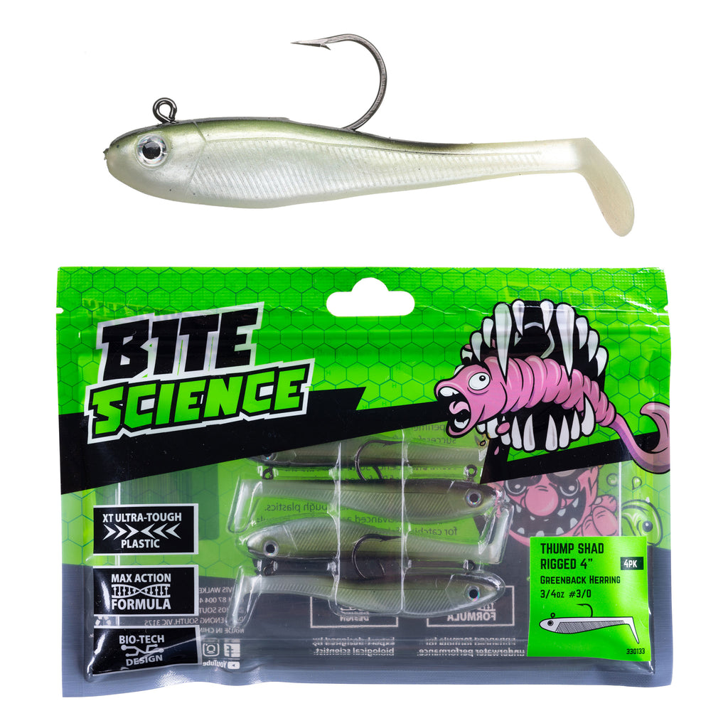 Bite Science Thump Shad Rigged Lures 4" Greenback Herring - 4pk