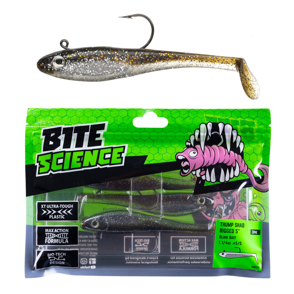 Bite Science Thump Shad Rigged Lures 5" Bling Bait - 3pk