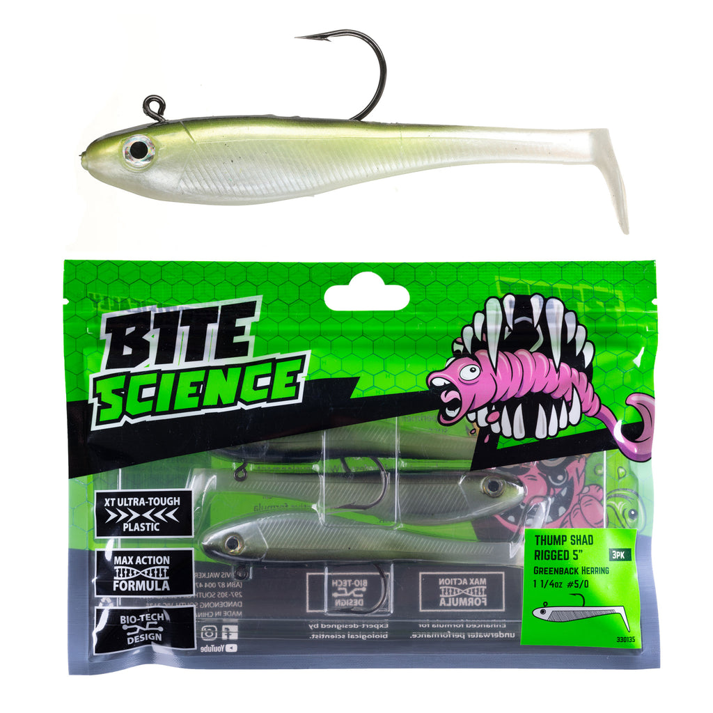 Bite Science Thump Shad Rigged Lures 5" Greenback Herring - 3pk