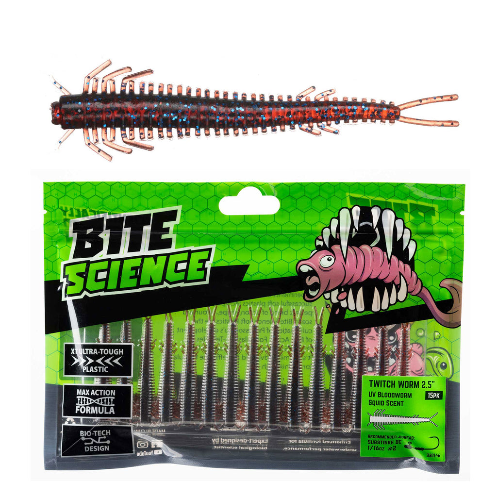 Bite Science Twitch Worm Lures 2.5" UV Bloodworm - 15pk