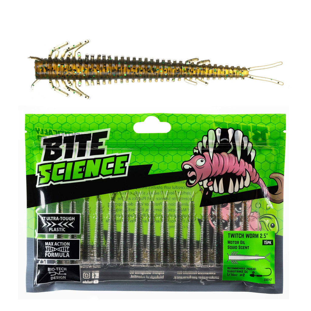 Bite Science Twitch Worm Lures 2.5" Motor Oil - 15pk