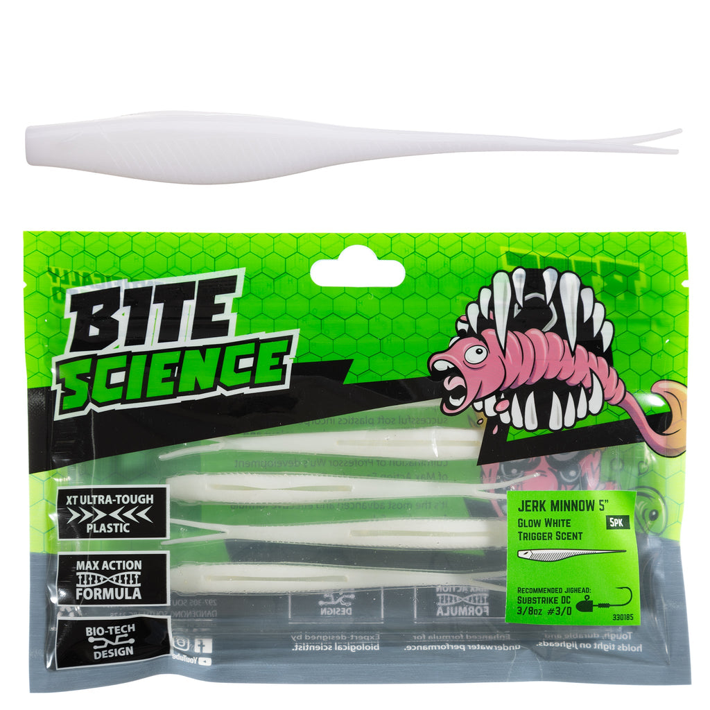 Bite Science Jerk Minnow 5" Glow White - 5pk