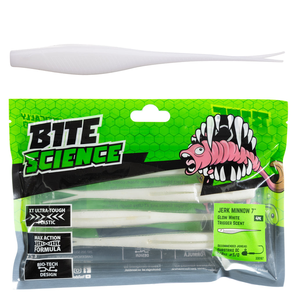 Bite Science Jerk Minnow 7" Glow White - 4pk