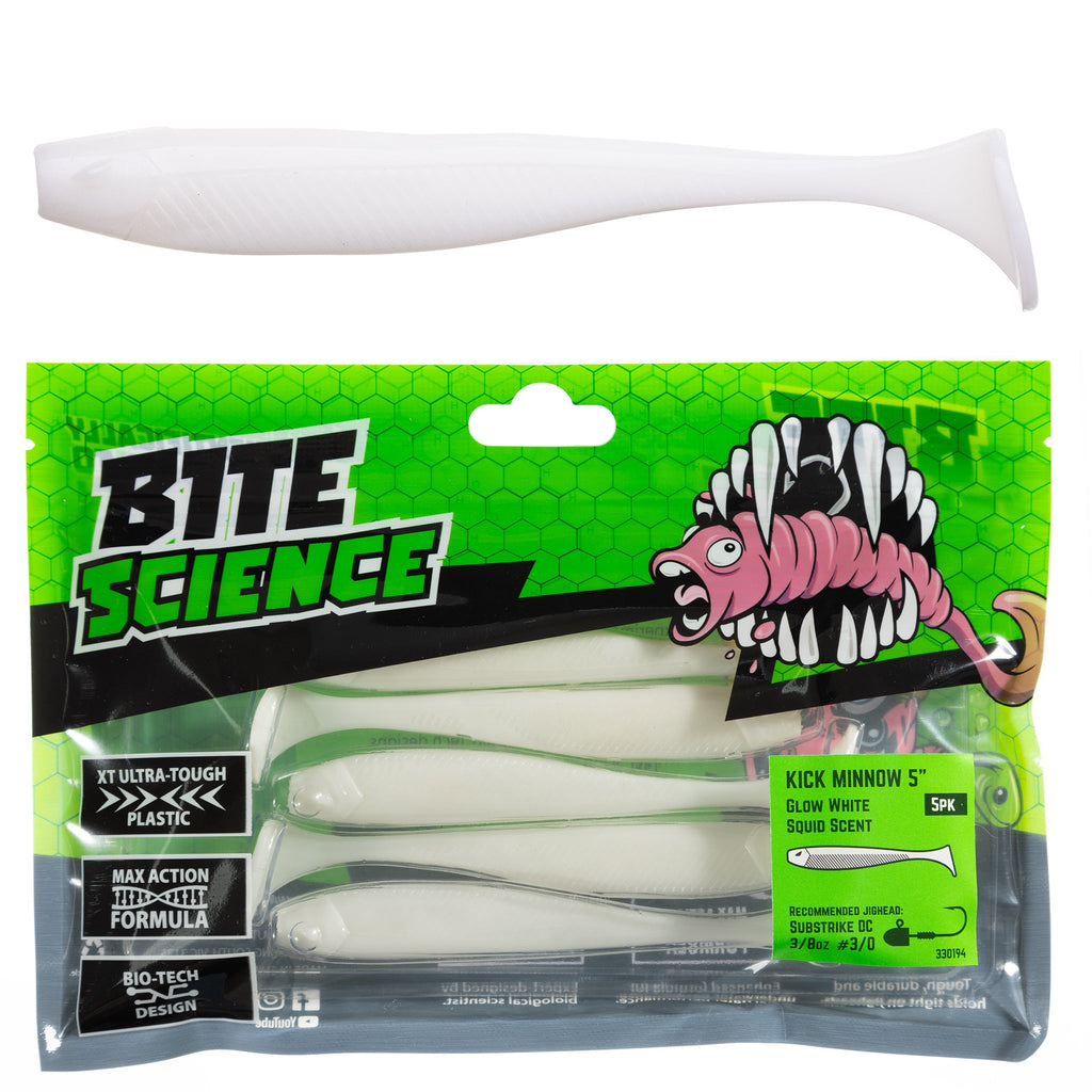 Bite Science Kick Minnow 5" Glow White - 5pk