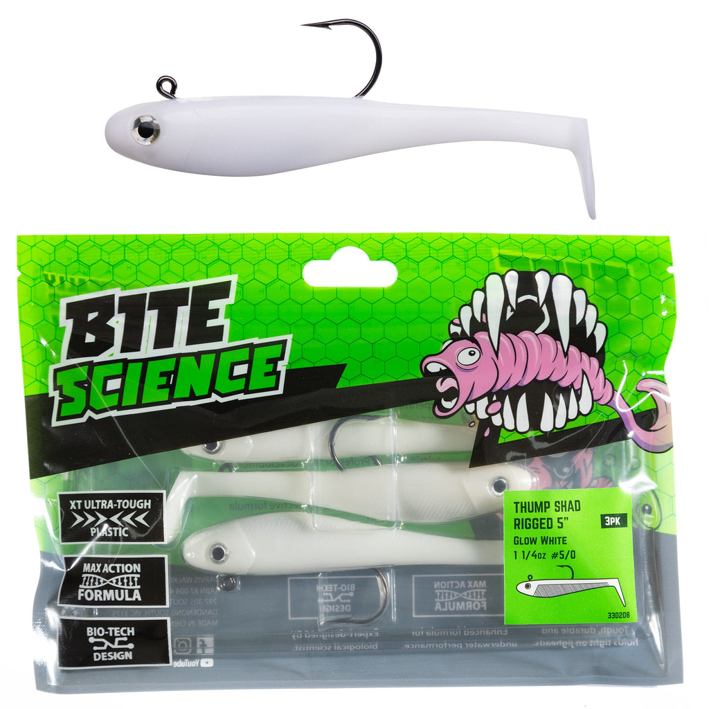 Bite Science Thump Shad 5" Glow White - 3pk