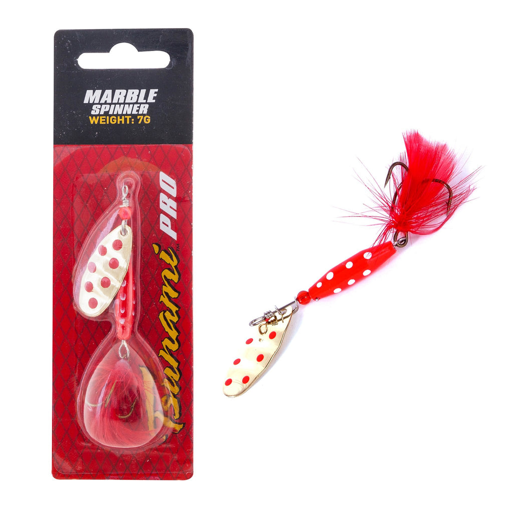 Tsunami Marble Spinner 7gm - red white dots, gold/red , red feather Lure