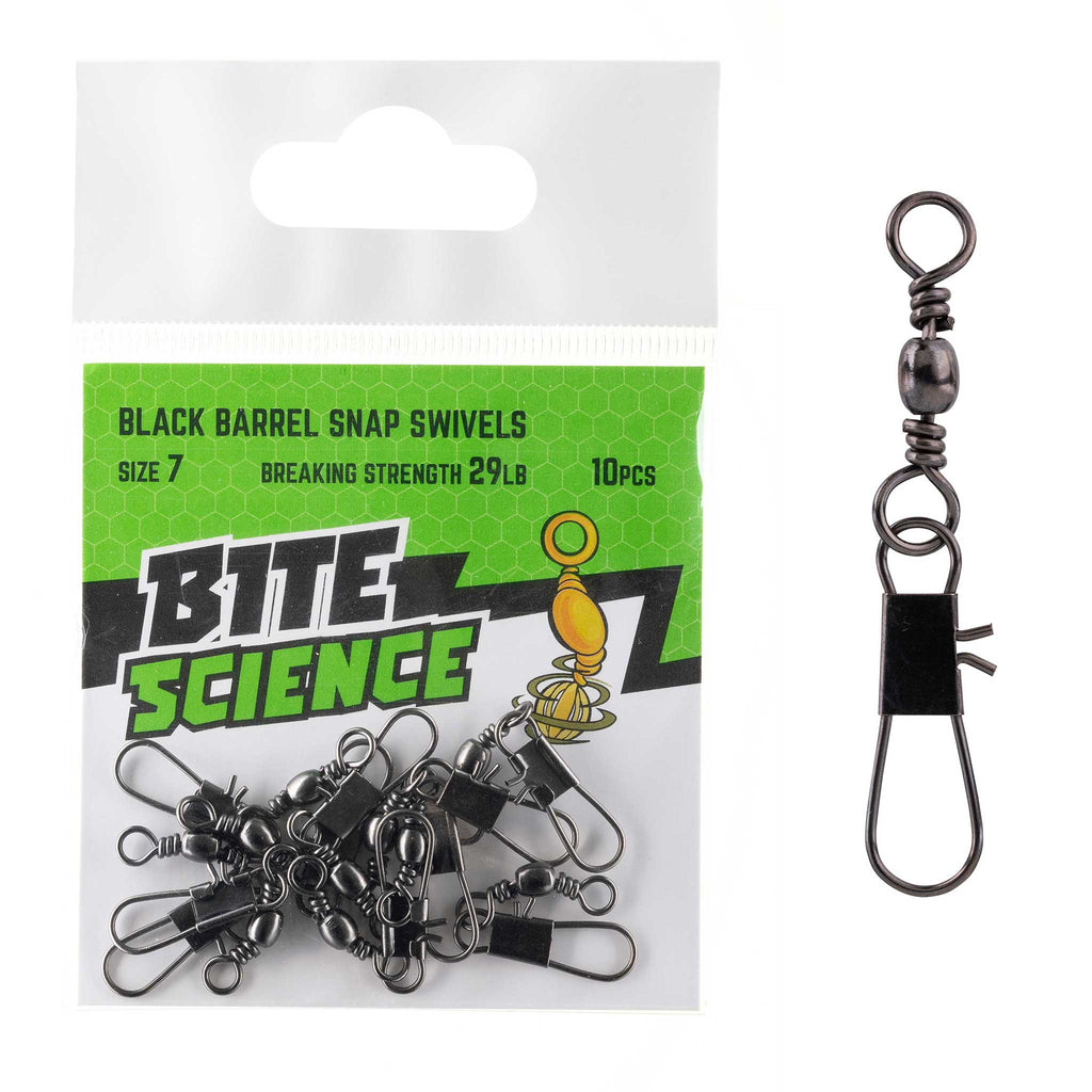 Bite Science Swivels Black Barrel Snap Sz 7 (29LB) - 10pk